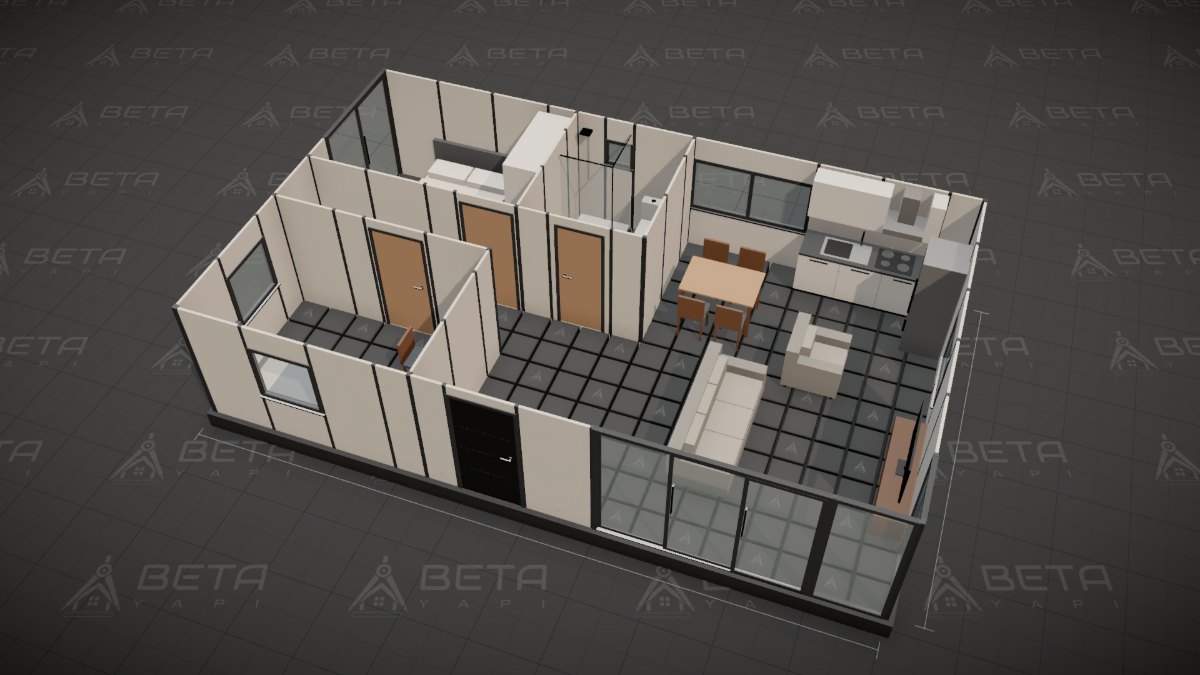 BETA Studio'da tasarlanmış 2+1 konteyner ev, çatısı kaldırılmış iç yerleşim görünümü